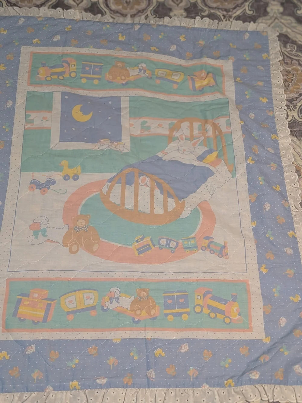 Nursery Baby Blanket - Pastel Blue Bedtime Train & Toys